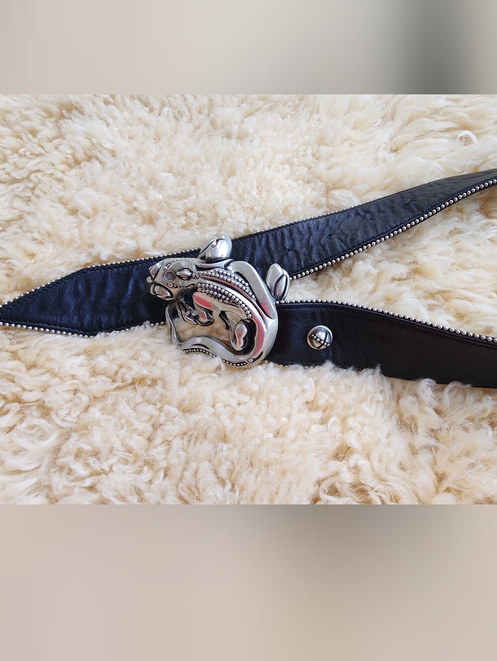 Fahrenheit Black Leather Belt with Ornate Silver Fish Buckle